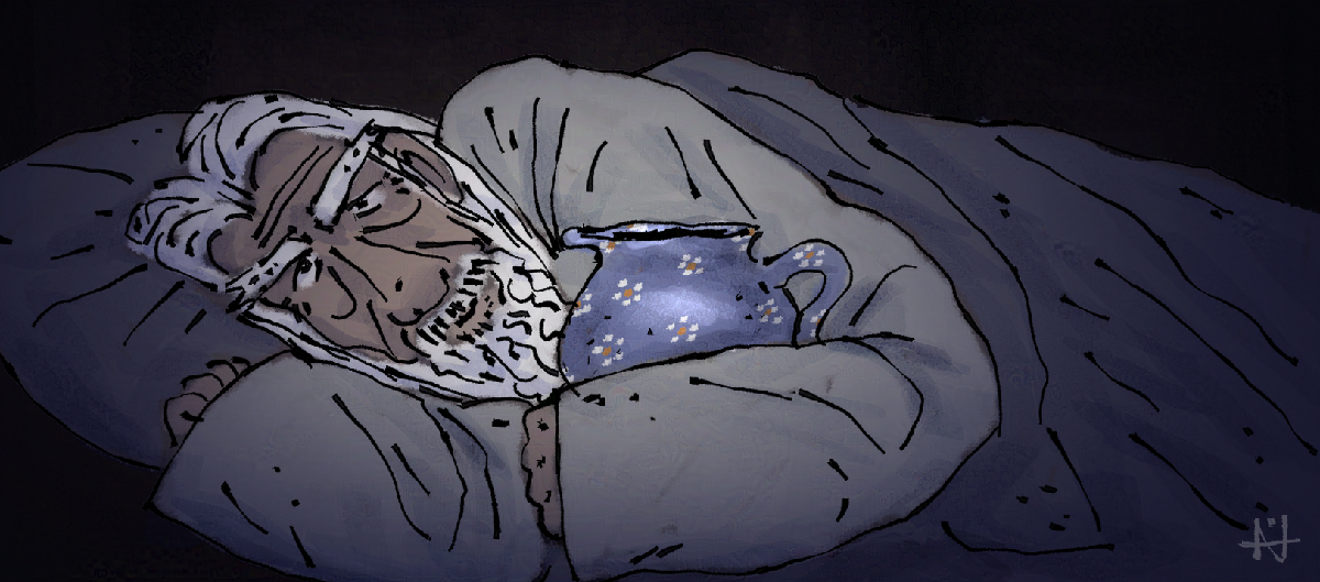 Dessin d'un vieil homme dormant les yeux ouverts en tenant une cruche